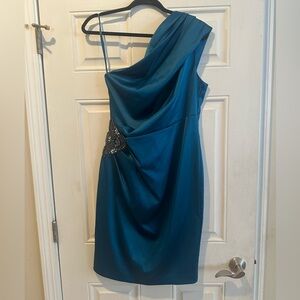 Eliza J One-Shoulder Dress in Teal with Beaded Accent-New with tags
